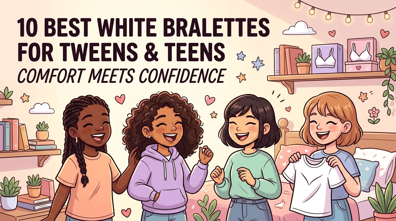 An illustration of four smiling teenage girls in a cozy bedroom chatting and holding up a white t-shirt, with shelves in the background displaying boxed white bralettes.