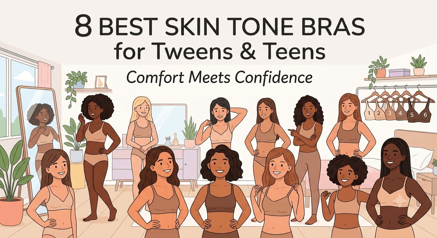 A diverse group of teenage girls in a bedroom wearing skin-tone matching bras and underwear, with a clothing rack displaying numbered nude-colored bras under the title "8 Best Skin Tone Bras for Tweens & Teens".