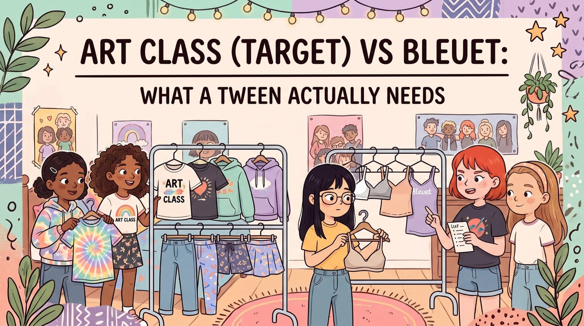 An illustration of tween girls in a bedroom comparing Art Class clothing with Bleuet bras held up on hangers.