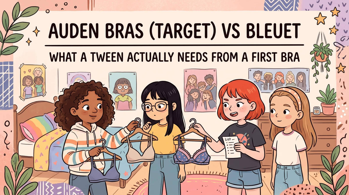 An illustration of four young girls in a bedroom holding up various first-bra options on hangers while reviewing a checklist.