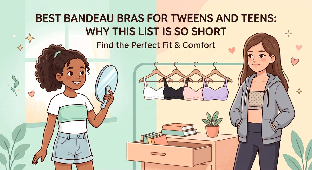 An illustration of two tween girls looking at a collection of neutral and pastel bandeau bras hanging on a rack inside a bedroom.