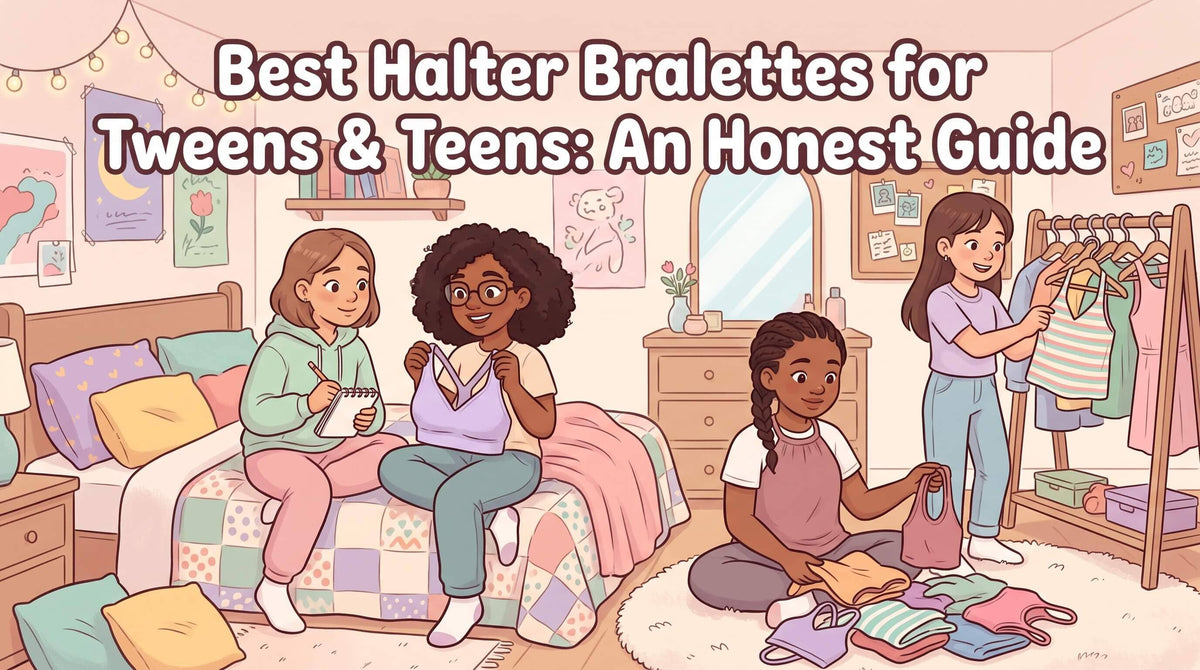An illustration of four teenage friends organizing clothes and looking at bralettes in a cozy bedroom with string lights.