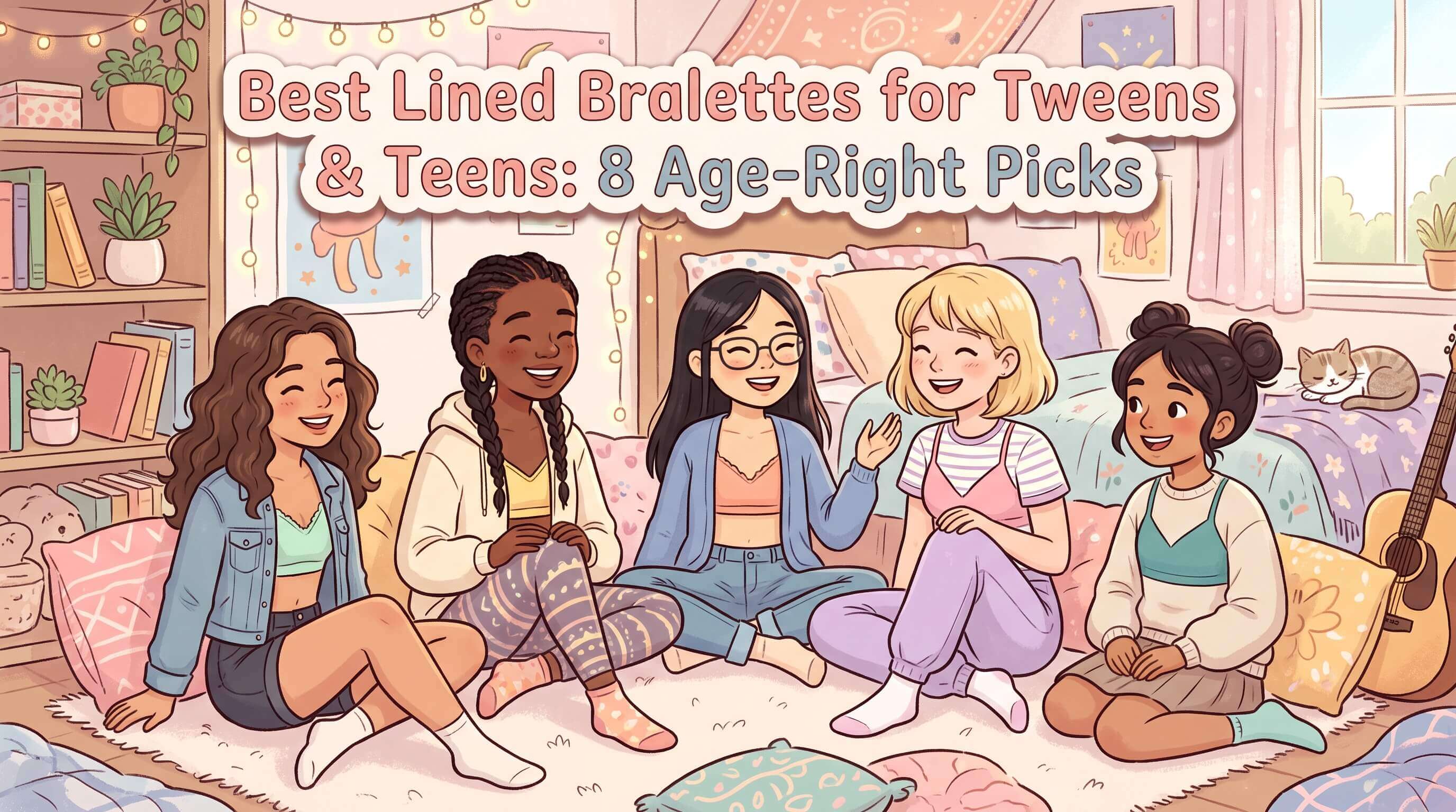 An illustration of five young teen girls sitting in a circle on a rug, chatting and laughing in a bedroom with pastel decor.