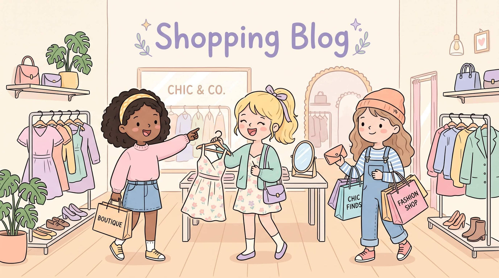 An illustration of three young girls shopping for clothing inside a bright boutique store labeled "Shopping Blog."