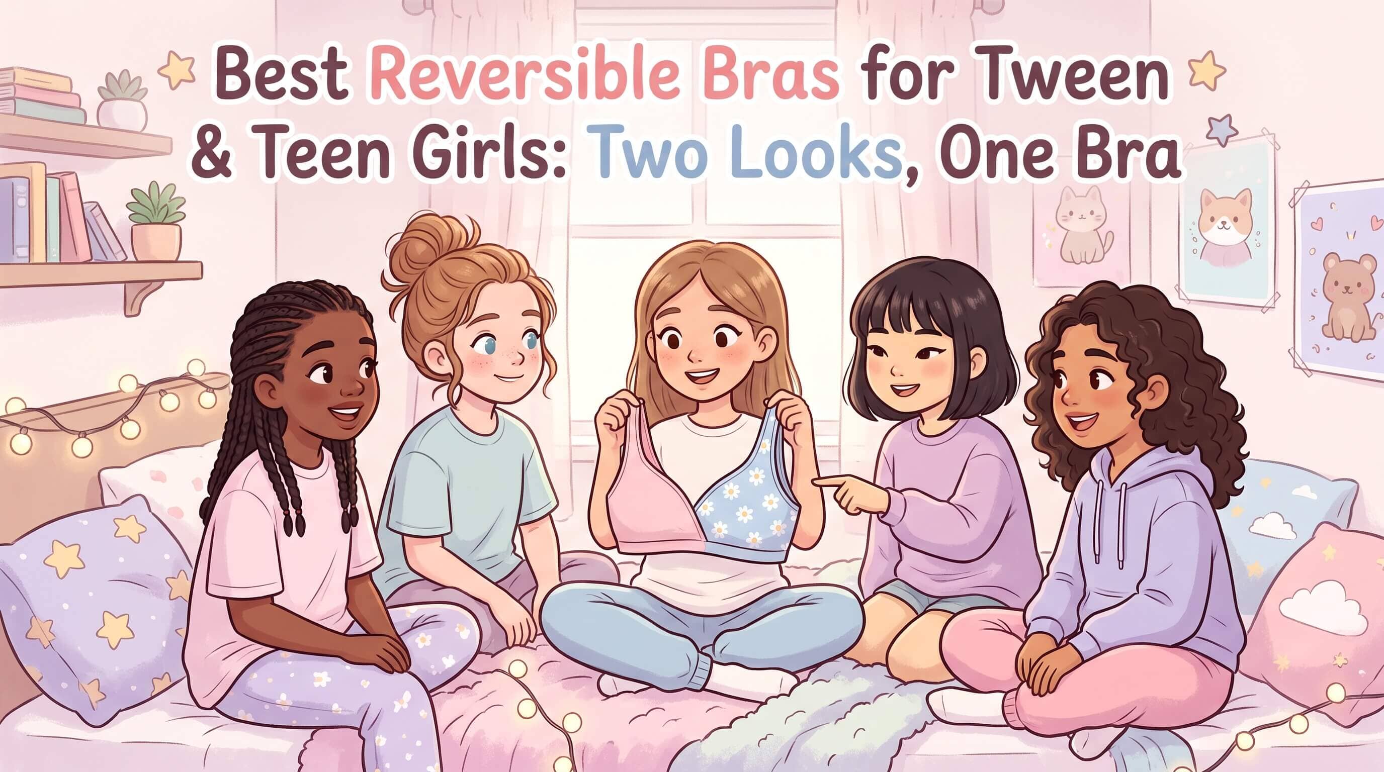 An illustration of five young teen girls sitting together on a bed, looking at a reversible bra featuring a solid pink side and a blue floral pattern side.
