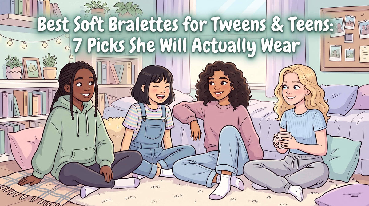 An illustration of four smiling teenage girls hanging out on the floor of a bedroom near a bed and bookshelf.