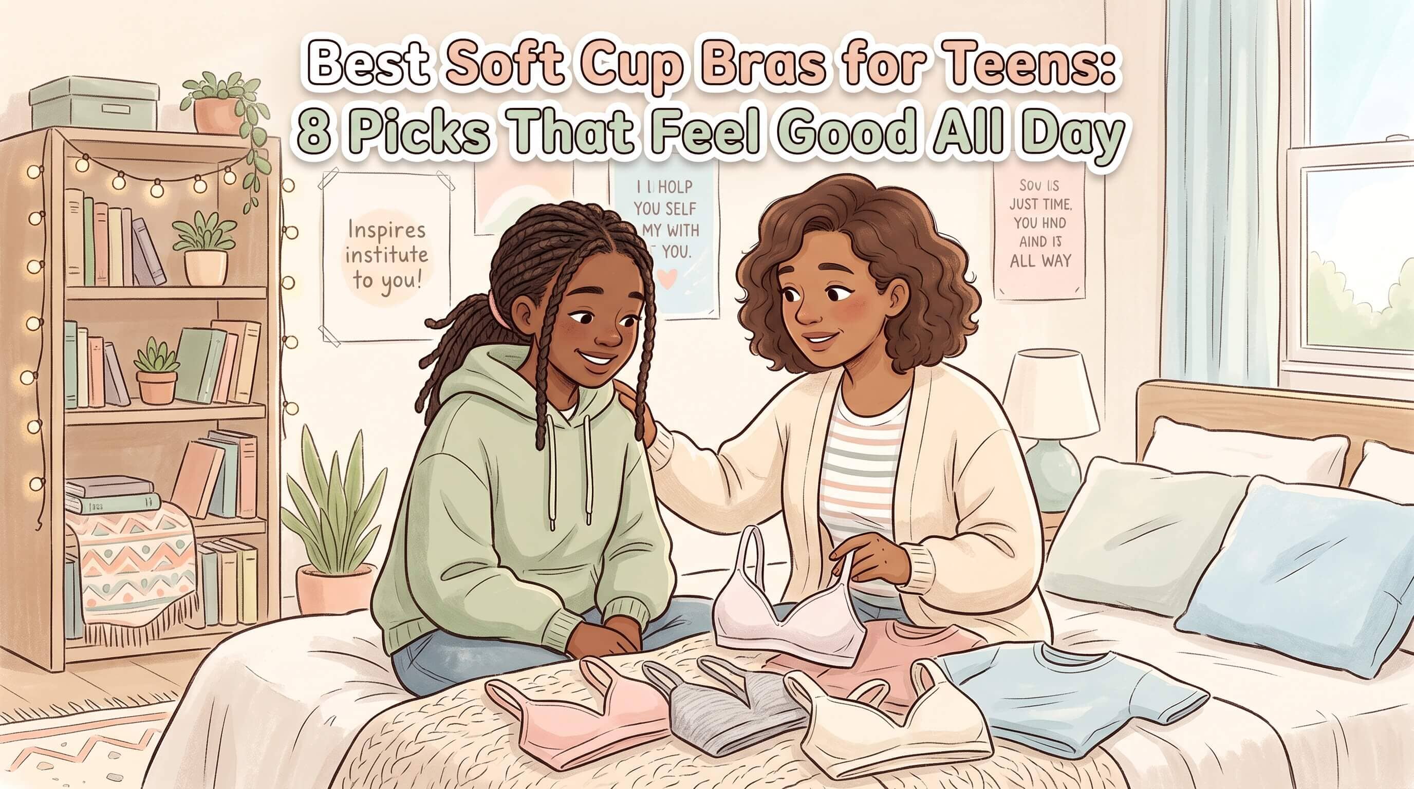 An illustration of a mother and daughter sitting on a bed in a cozy bedroom, going through various soft cup bras laid out on a blanket.