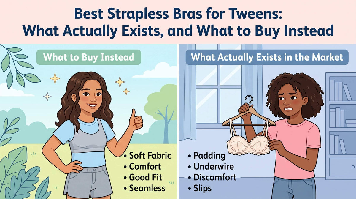A split illustration contrasting a happy girl on the left giving a thumbs-up next to features like soft fabric, comfort, good fit, and seamless design, with a frustrated girl on the right holding an uncomfortable padded underwire bra.