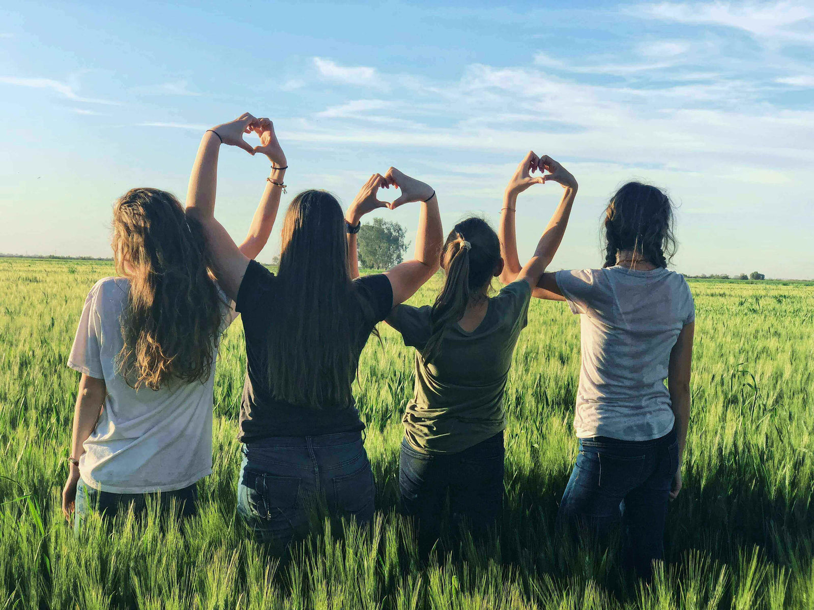 Four teenage girls standing in a green field, forming heart shapes with their hands under a clear blue sky.