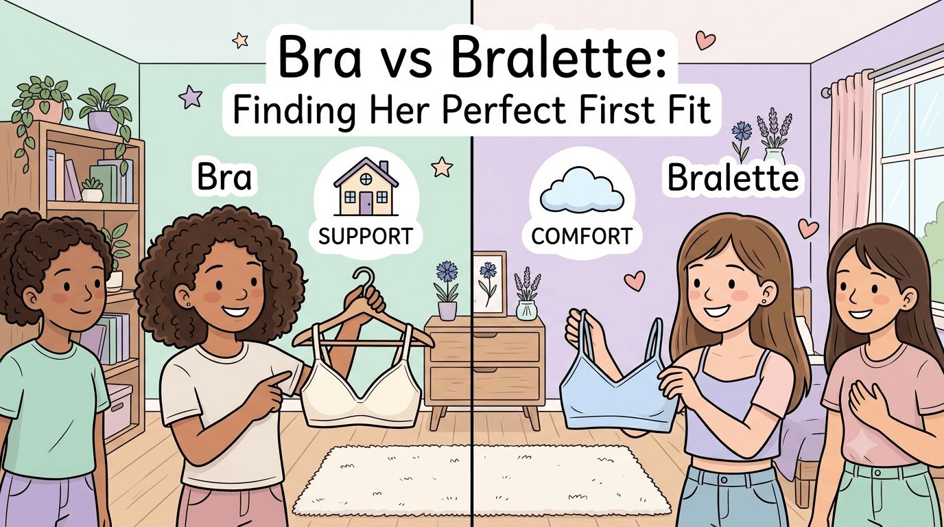 A split-screen illustration contrasting a "Bra" (support-focused) and a "Bralette" (comfort-focused), showing teenage girls happily holding up the two different styles in their bedrooms.