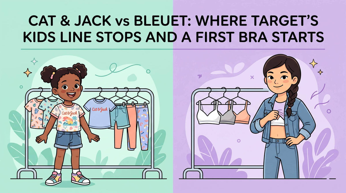 An illustration comparing a young child standing next to a clothing rack of colorful kids' t-shirts and shorts on the left with an older tween standing beside a clothing rack of simple training bras on the right.
