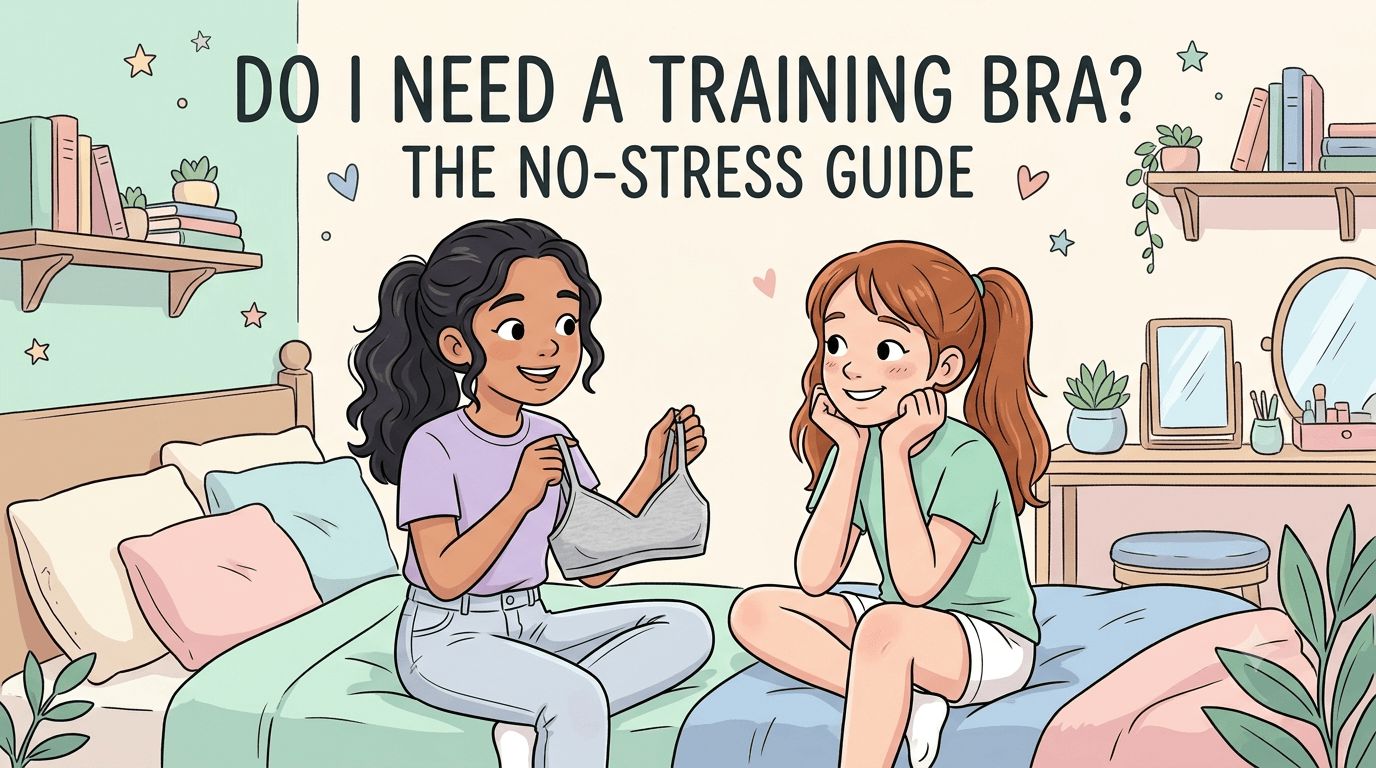 An illustration of two young girls sitting on a cozy bed chatting, with one holding a gray training bra and sharing advice in a warm bedroom setting.