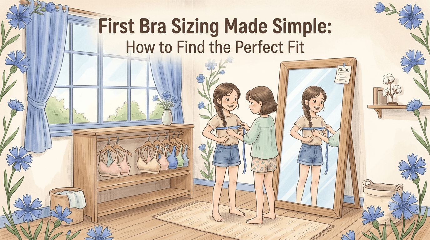 A gentle watercolor-style illustration of a girl measuring her chest with a tape measure with the help of her friend in front of a mirror, next to a rack of colorful bras.