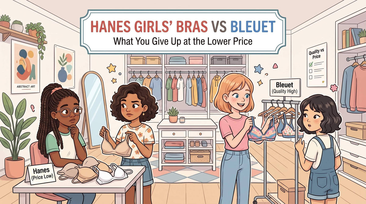 An illustration of four girls in a dressing room comparing lower-priced basic Hanes bras on a table with higher-quality Bleuet bras on a hanging rack.