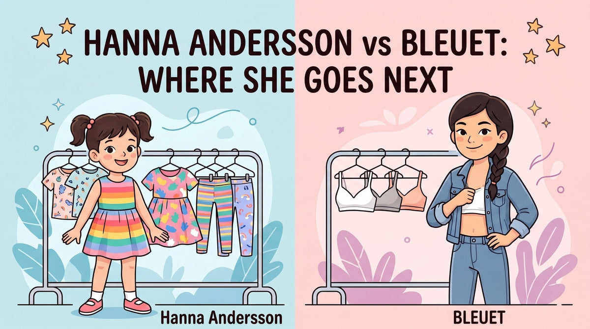 An illustration comparing a girl browsing Hanna Andersson basics with a tween choosing Bleuet bras and underwear on a rack.