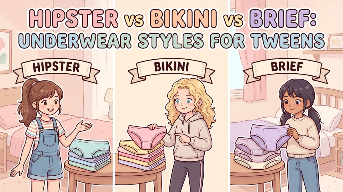 An illustration of three tween girls in a cozy bedroom comparing folded pastel hipster, bikini and brief underwear styles on tables.