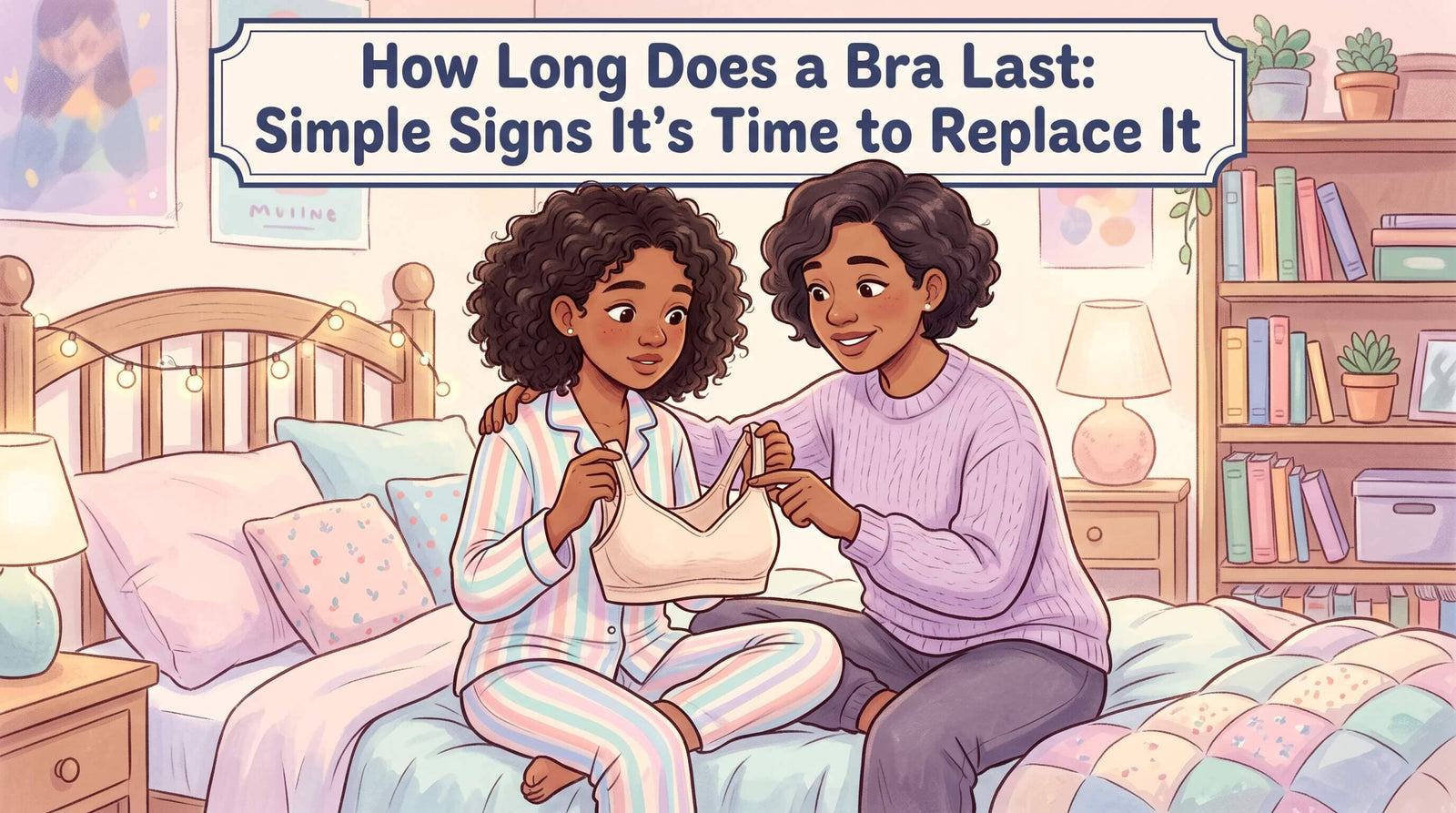 An illustration of a mother sitting beside her daughter on a bed, pointing out details on a light-colored bra to explain bra care.