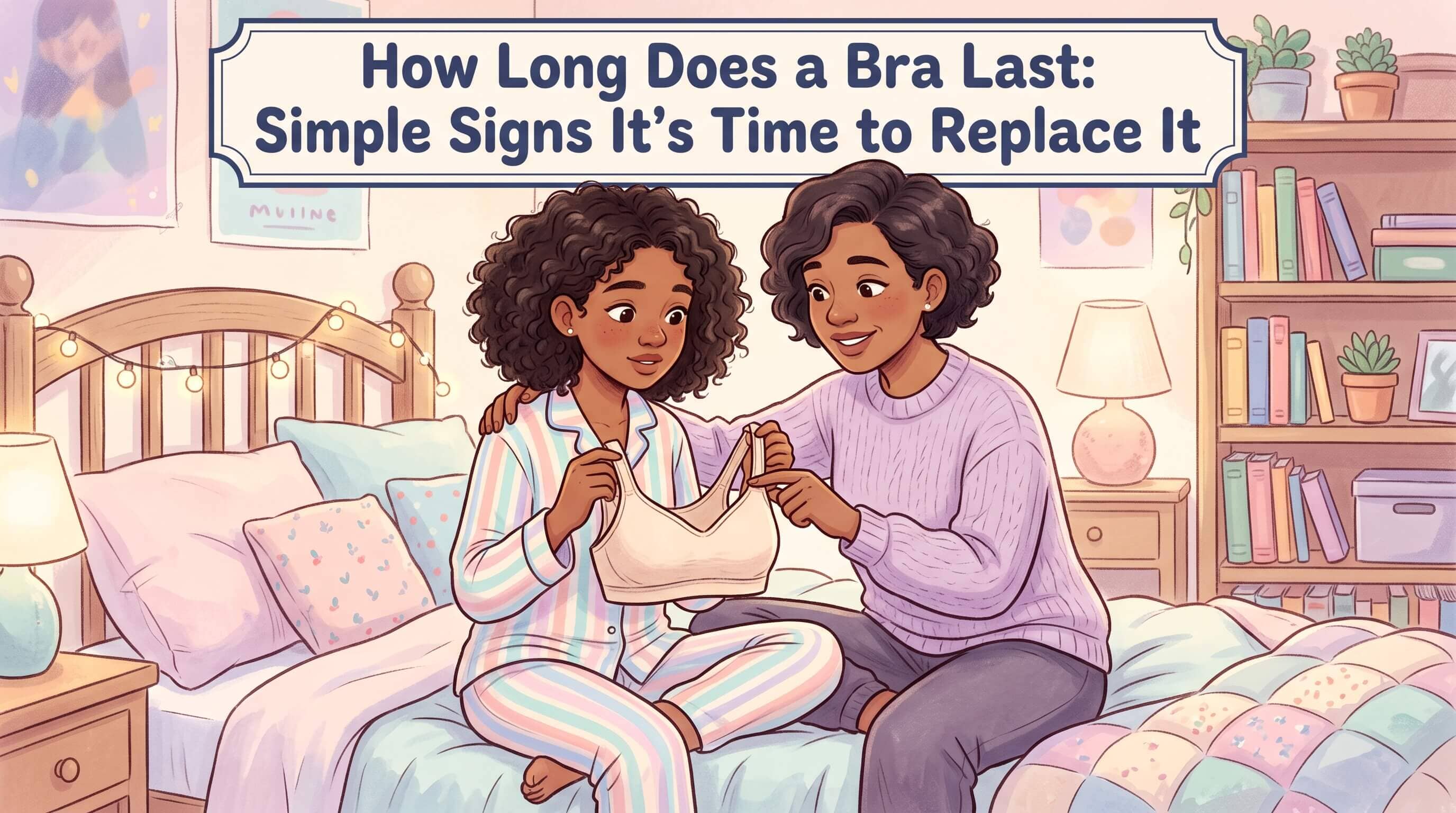 An illustration of a mother sitting beside her daughter on a bed, pointing out details on a light-colored bra to explain bra care.