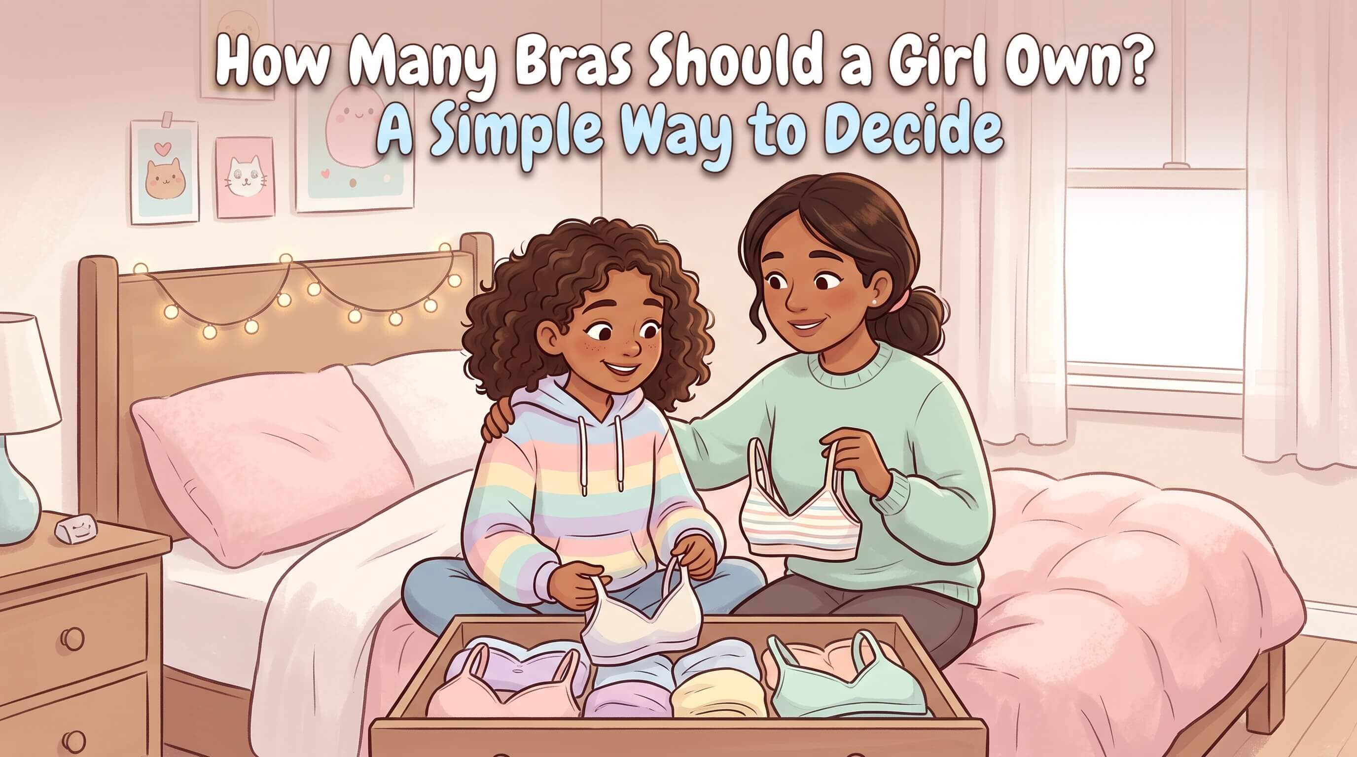 An illustration of a mother and young girl sitting on a bed, organizing a wooden dresser drawer neatly packed with colorful bras.
