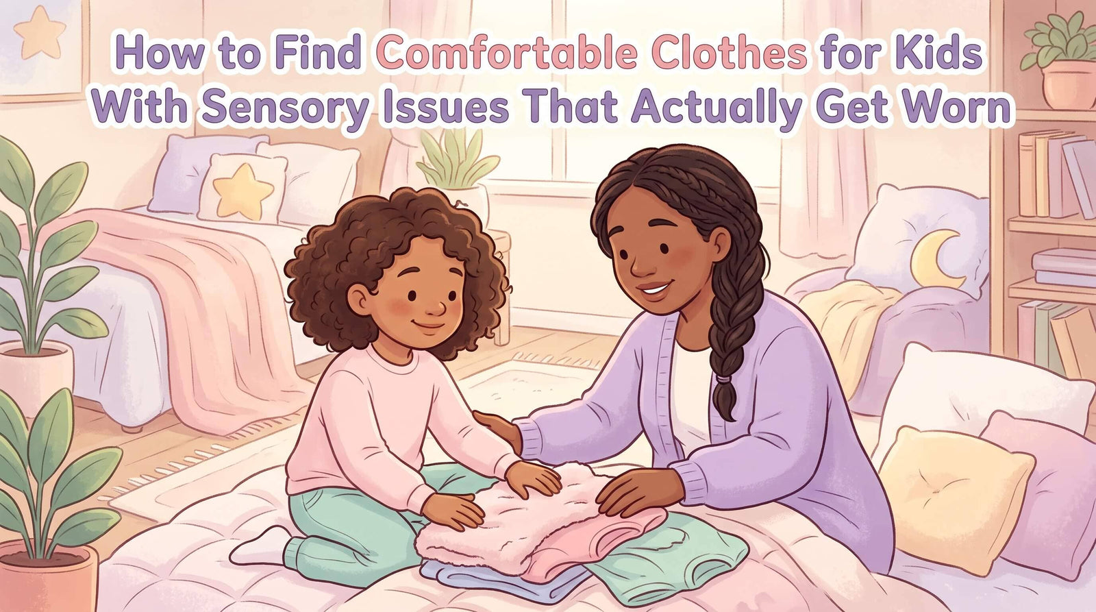 An illustration of a mother and young child sitting together on a bedroom rug, carefully folding a pile of soft, cozy clothing.