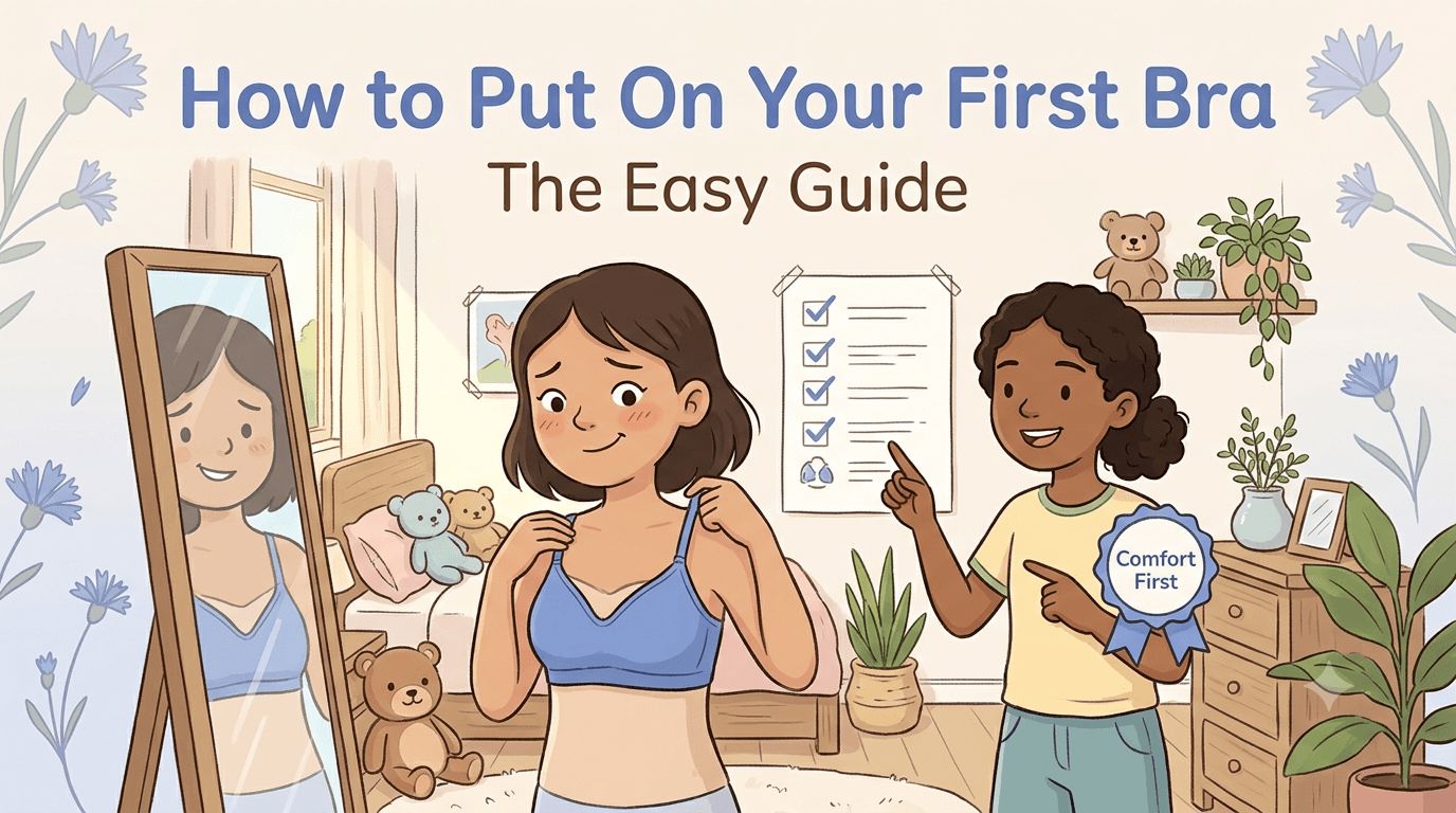An illustration of a young girl looking in the mirror adjusting the strap of her first blue bra while a friend stands nearby pointing to a helpful checklist on the wall.