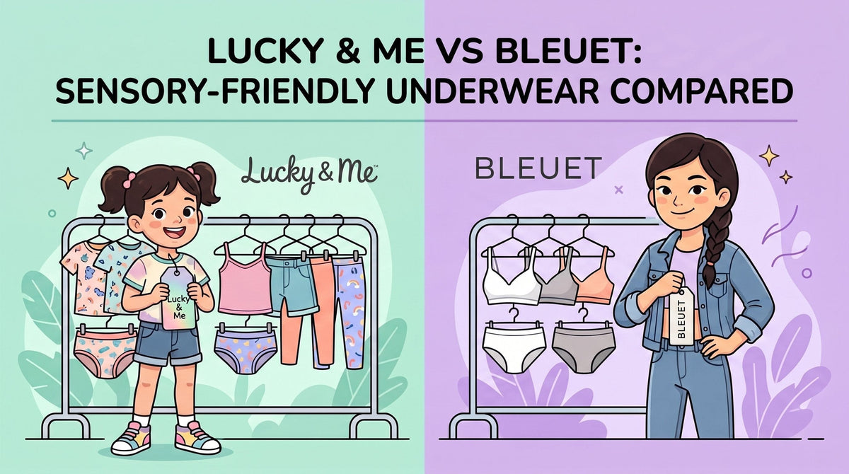 An illustration comparing Lucky & Me sensory-friendly underwear on a rack with Bleuet tween underwear and bras on the other side.