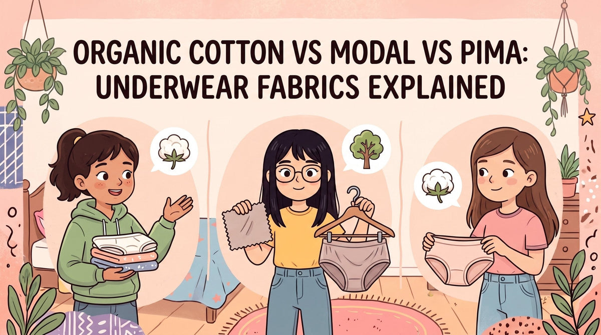 An illustration of three tween girls in a cozy bedroom comparing cotton, modal and pima underwear fabrics they hold up.