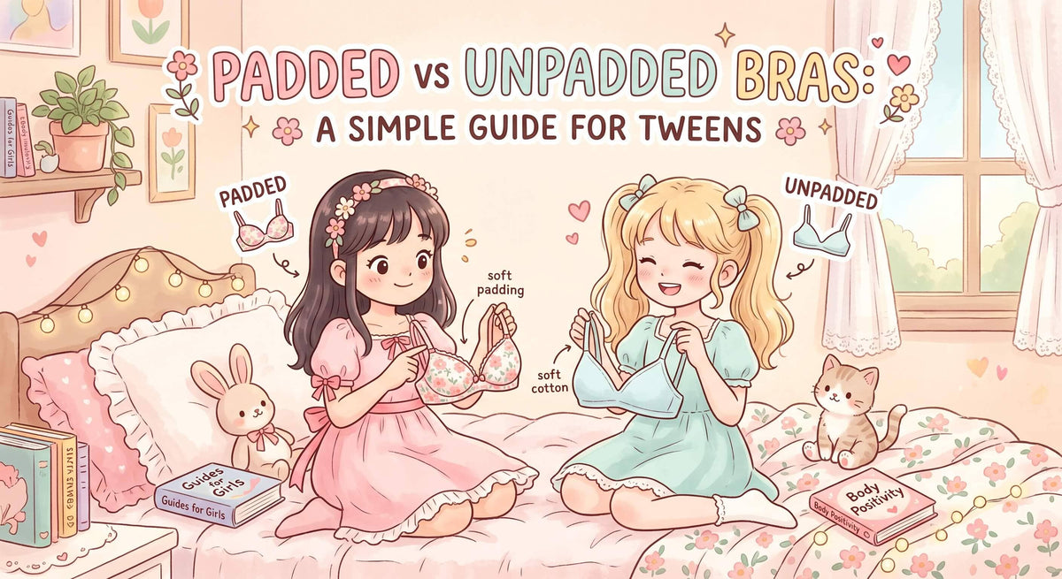 An illustration of two young girls sitting on a bed, one demonstrating a soft padded bra and the other showing a soft cotton unpadded bra.