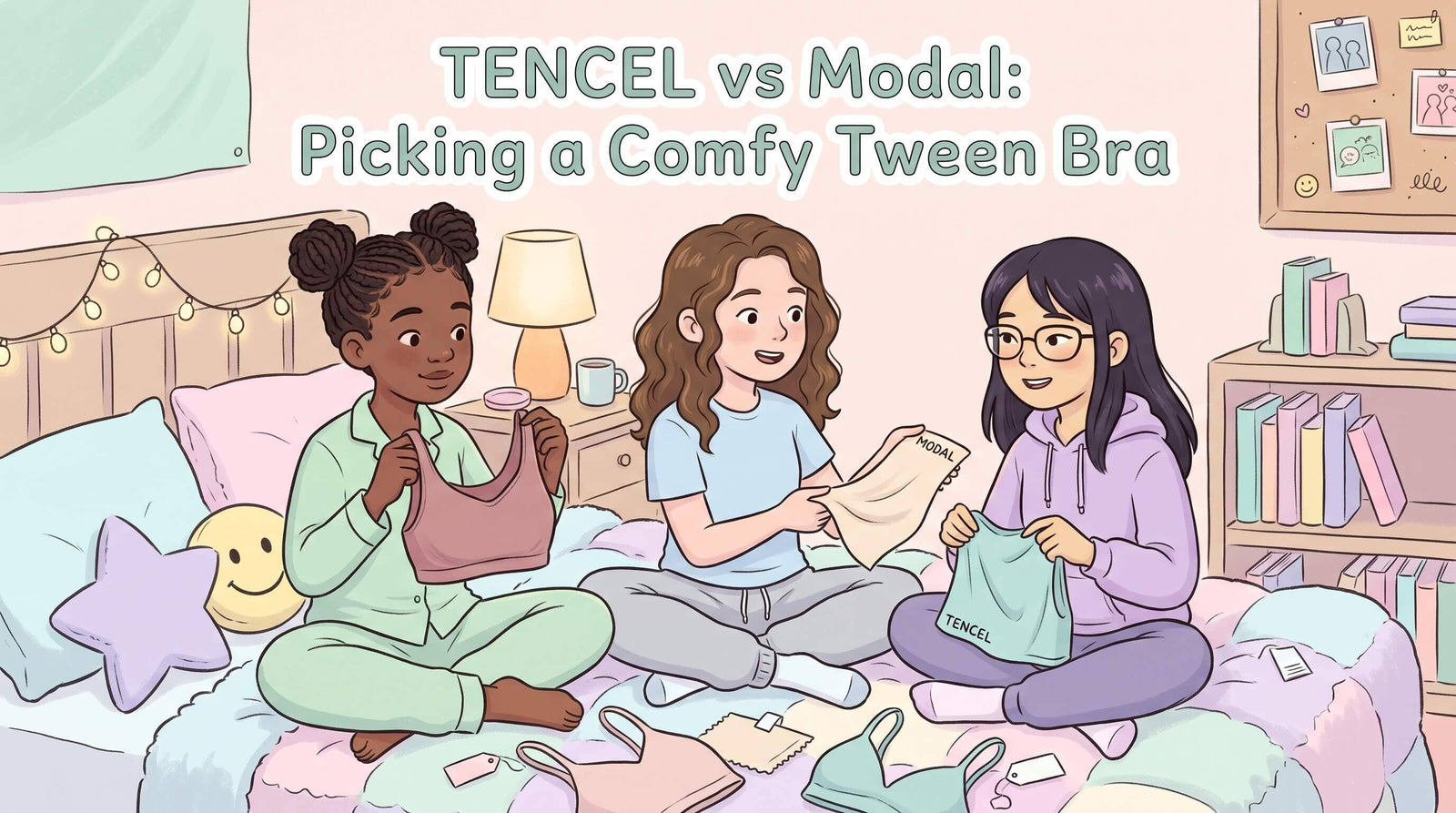 An illustration of three young girls sitting on a bed, comparing fabric swatches labeled "Modal" and "TENCEL" along with different soft bras.