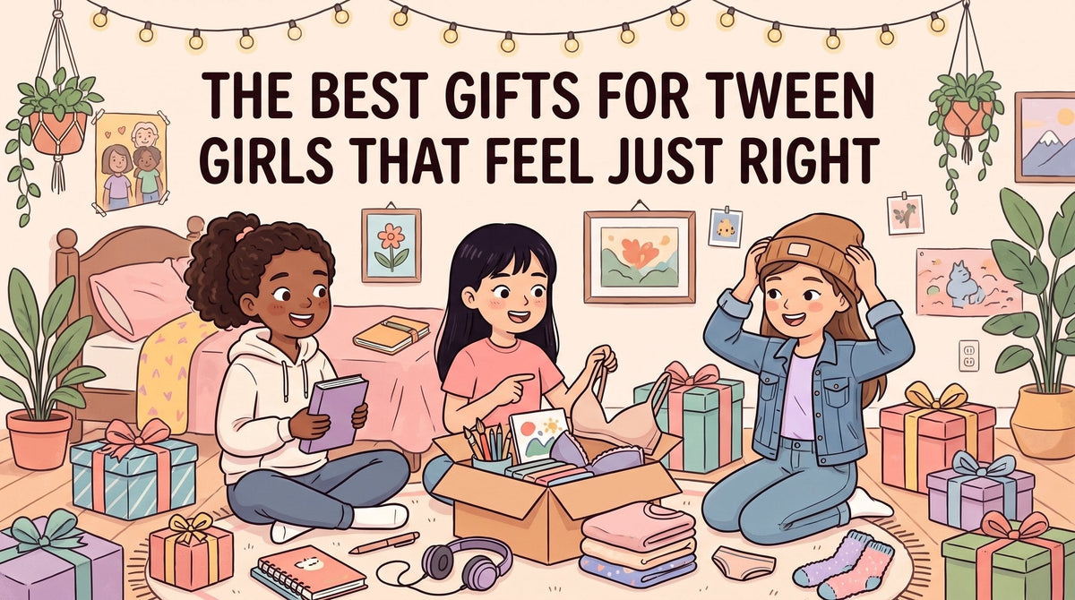 An illustration of three tween girls unwrapping gifts in a cozy bedroom, with books, a beanie, socks and soft basics.
