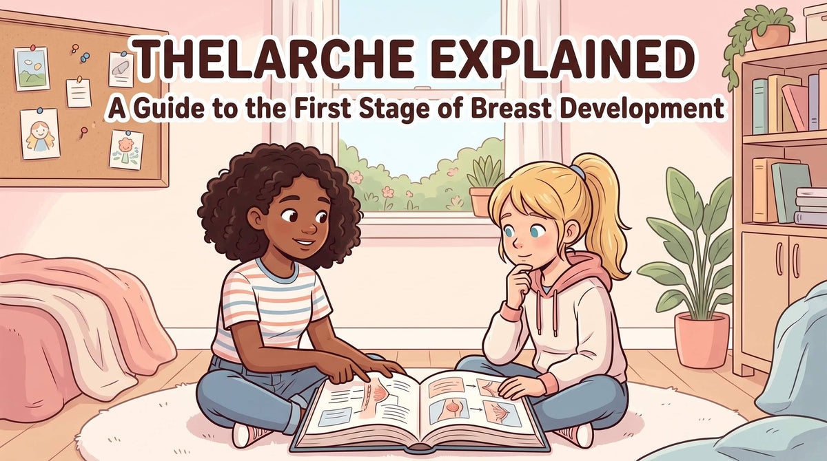 An illustration of two young girls sitting on the floor of a bedroom looking together at an open educational book explaining the stages of breast development.