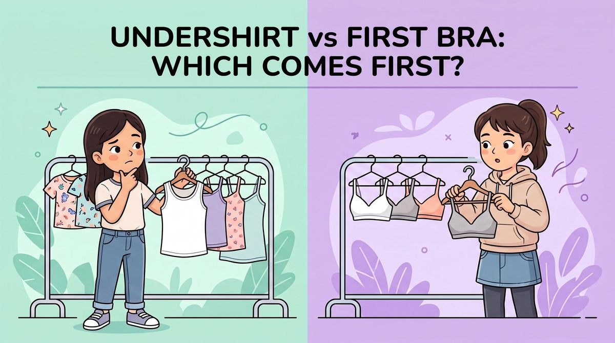 An illustration of two tween girls browsing clothing racks, one choosing undershirts and the other looking at first bras.