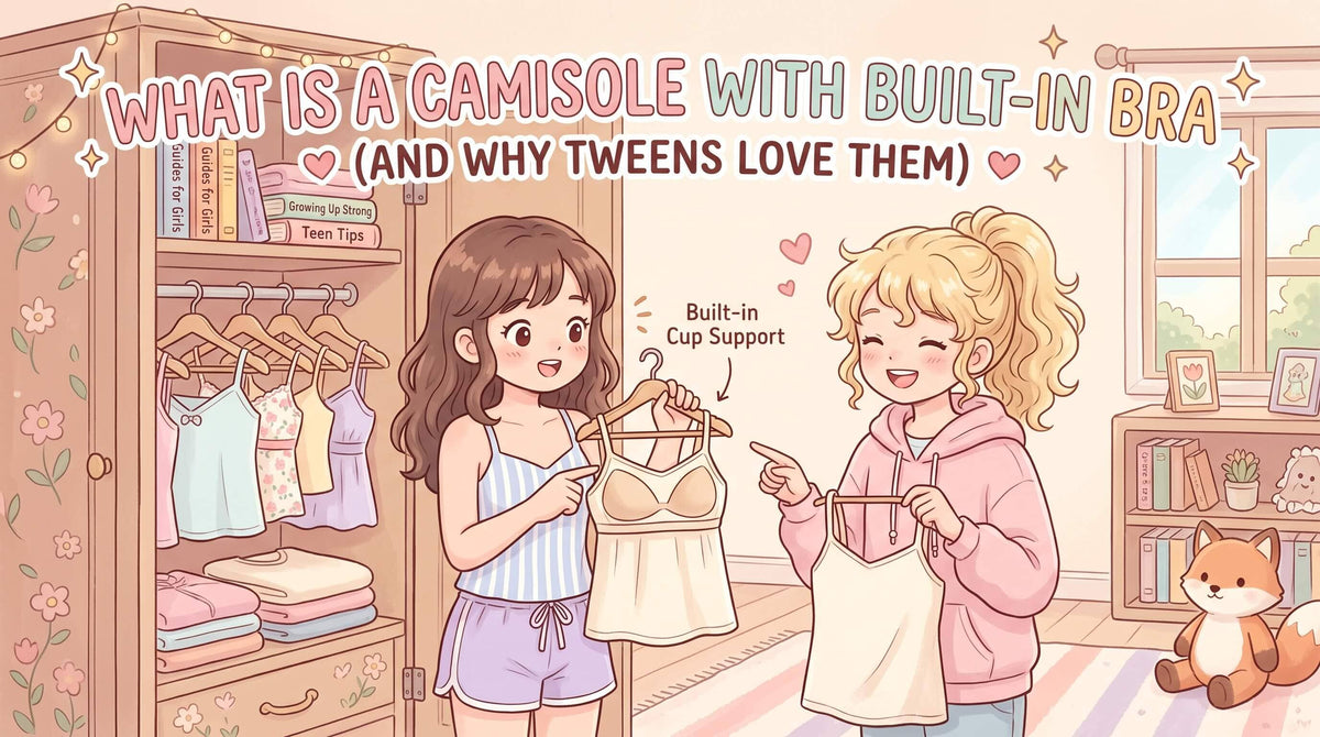An illustration of two tween girls in a bedroom holding up camisole tops with built-in cup support next to an open closet.