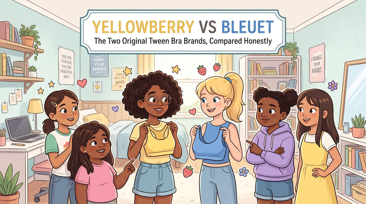 An illustration of a group of young girls gathered in a bedroom while two girls in the center display yellow and blue tween-sized bras.