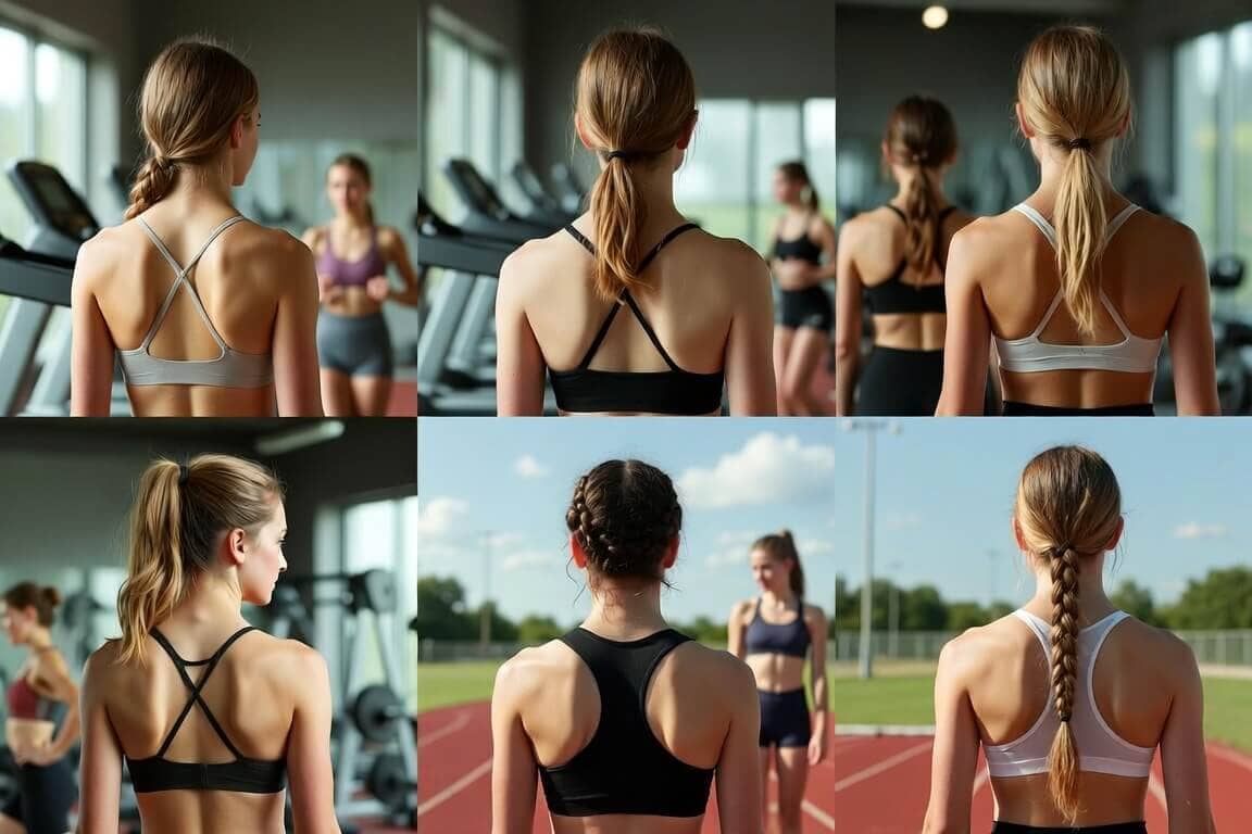 A collage of six photos showing the backs of girls wearing various racerback or cross-back sports bras in a gym setting and on an outdoor track.