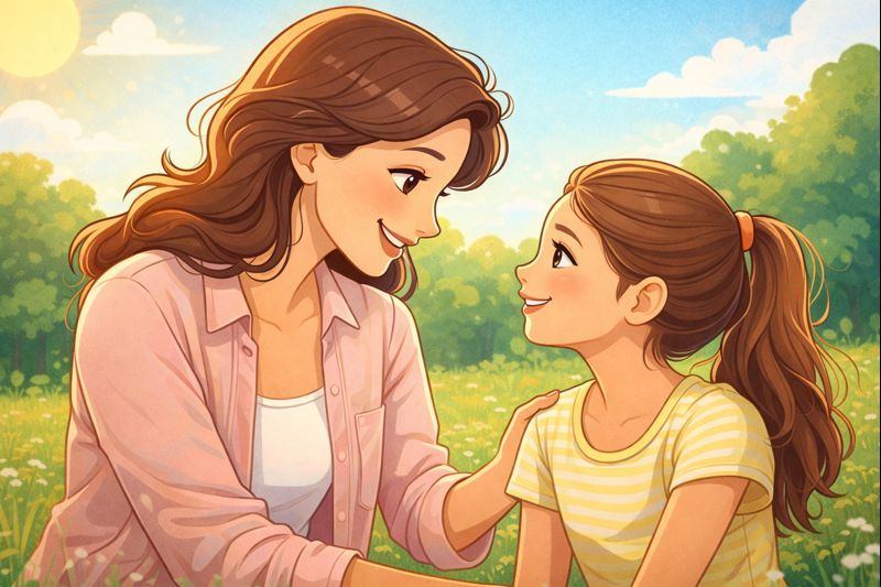 Cartoon illustration of a mother and daughter smiling and talking in a sunny outdoor setting.