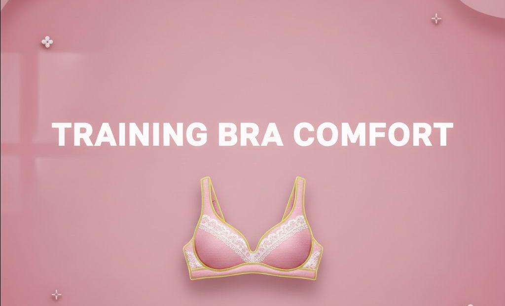 Pink background with the text “Training Bra Comfort” above an illustrated pink lace training bra.