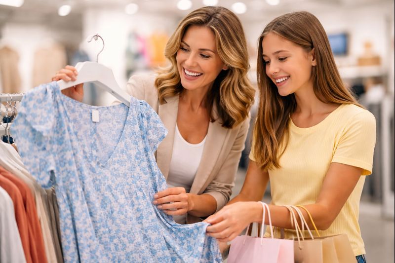 A mother and her teenage daughter stand in a clothing store, smiling as they look at a light blue floral dress on a hanger, with racks of clothes blurred in the background.