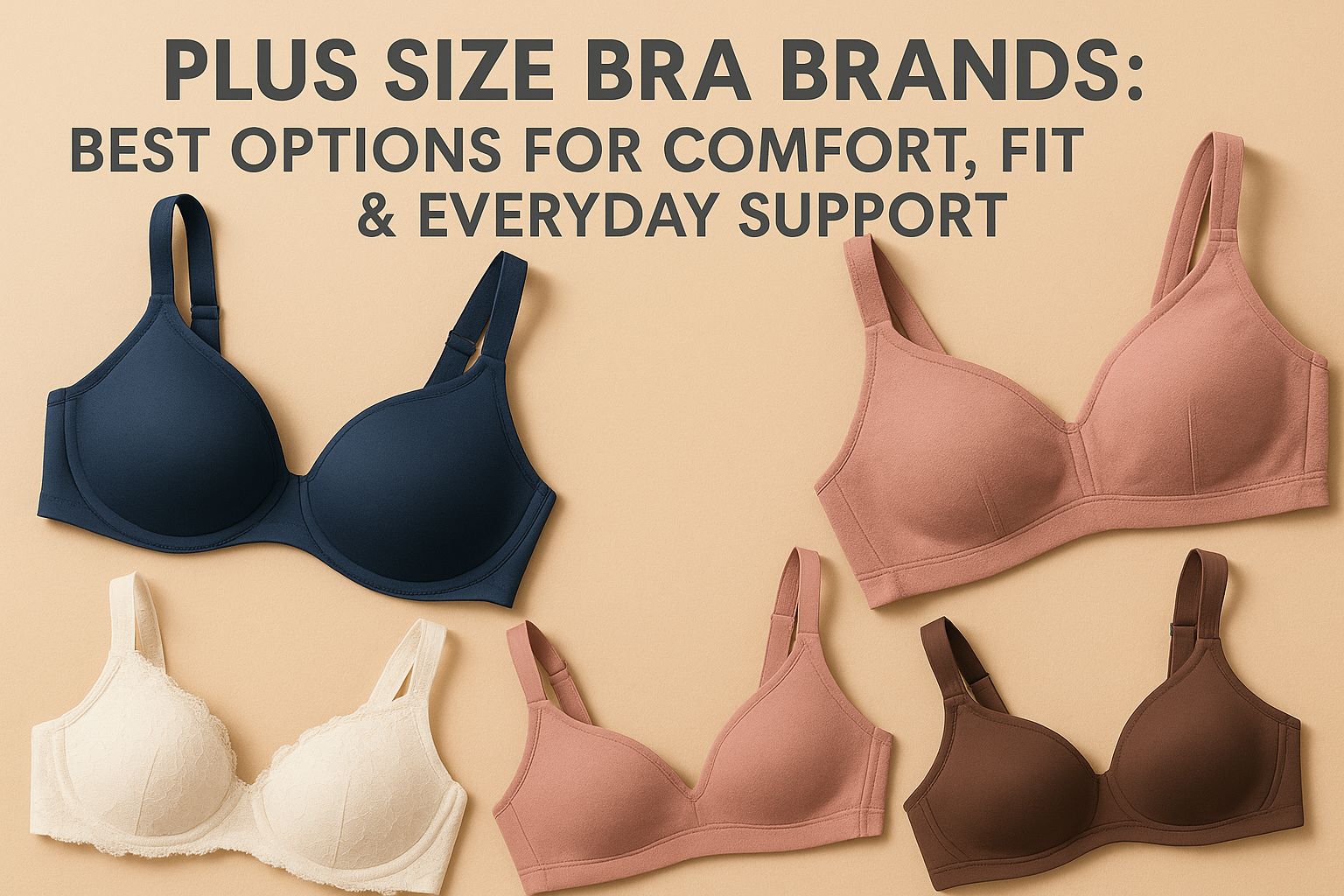 Flat-lay of five plus-size bras on a warm beige background, with bold gray text at the top reading ‘Plus Size Bra Brands: Best Options for Comfort, Fit & Everyday Support.’