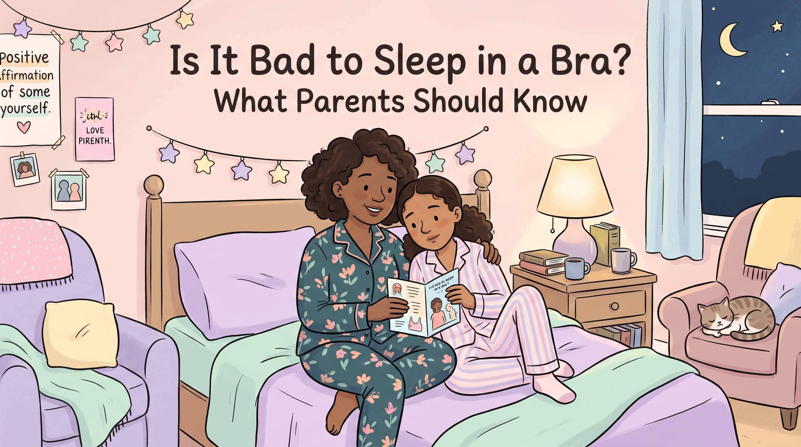 An illustration of a mother and daughter sitting on a bed at night reading an informational booklet together in a brightly lit bedroom.