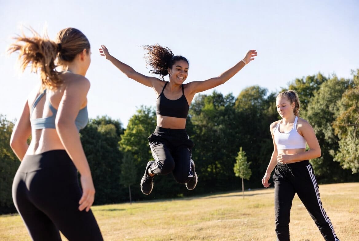 Three young women enjoying outdoor exercise: one girl with curly hair joyfully jumping high with arms outstretched and a big smile, while two others in sportswear stand nearby on a sunny grassy field.