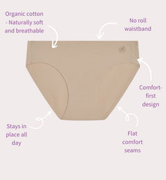 Sand#Beige women's underwear with text highlighting features on a light gray background