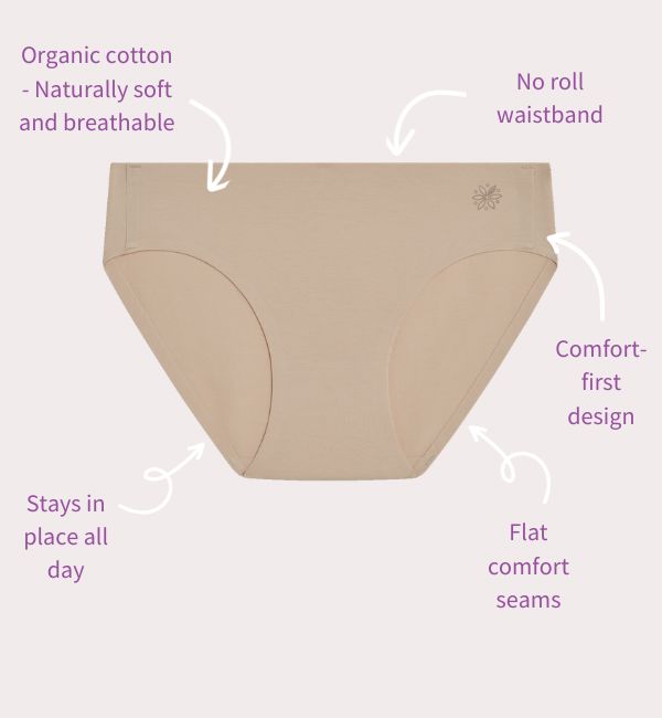 Beige women's underwear with text highlighting features on a light gray background