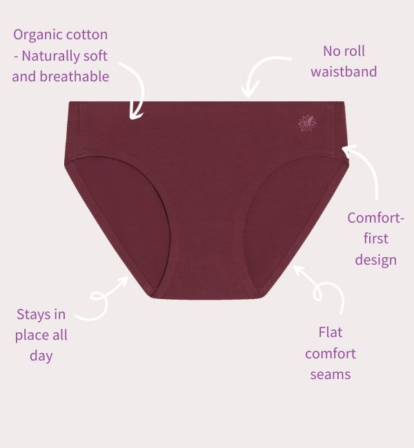 Maroon underwear with text highlighting features on a light purple background