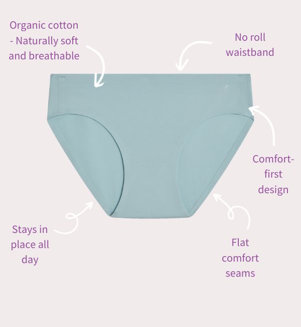 Light blue underwear with text highlighting features on a light gray background