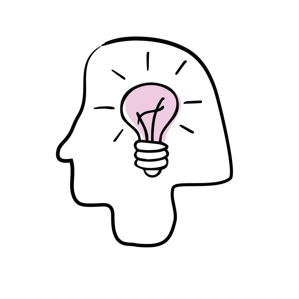 Illustrated outline of a female head with a lightbulb 