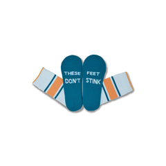 Light Blue#A pair of novelty socks with teal foot-shaped tops that read 'THESE FEET DON'T STINK' in white text, and cuffs in white with orange and teal stripes, shown on a plain white background.