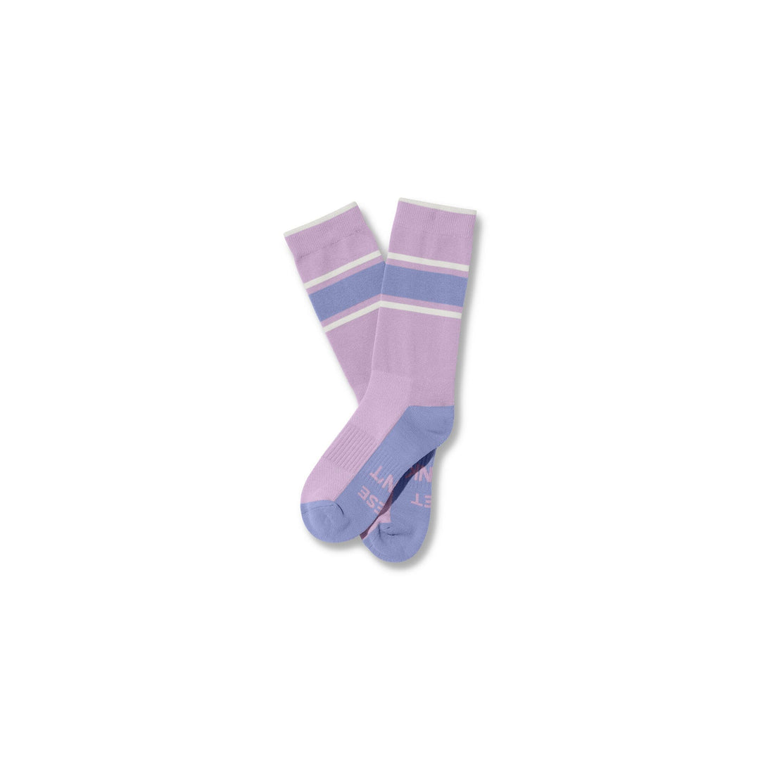 Lilac#A pair of knee-high athletic socks in lavender and light blue, featuring horizontal stripes near the cuff and a ribbed texture, displayed against a plain white background.