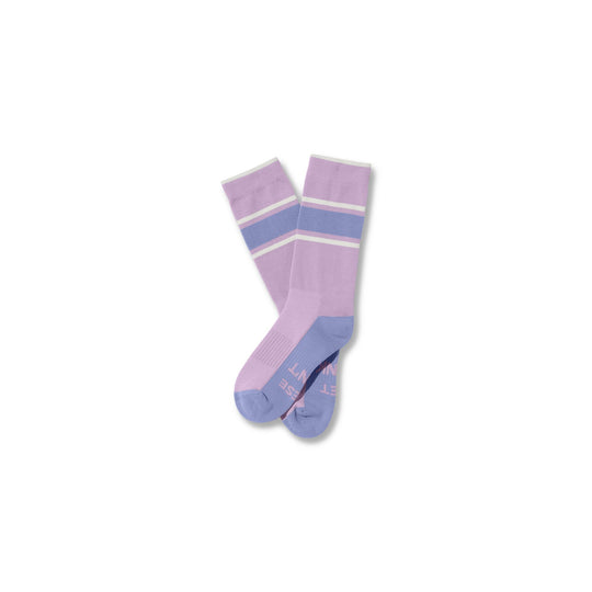 Lilac#A pair of knee-high athletic socks in lavender and light blue, featuring horizontal stripes near the cuff and a ribbed texture, displayed against a plain white background.