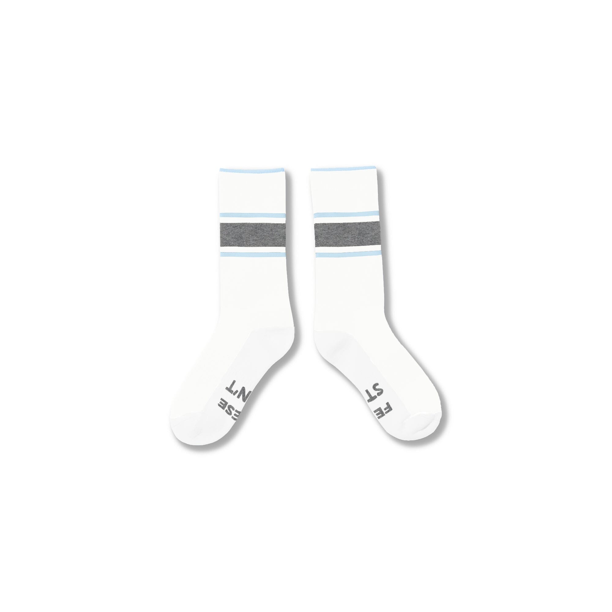 A pair of white crew socks with a gray horizontal stripe and thin light blue accent stripes near the cuff, displayed on a clean white background.